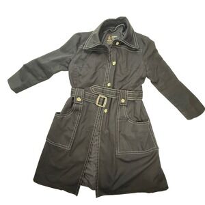 Vintage London Fog Caribe Cloth Trench Coat Black Contrast Stitch Belted 10 Reg